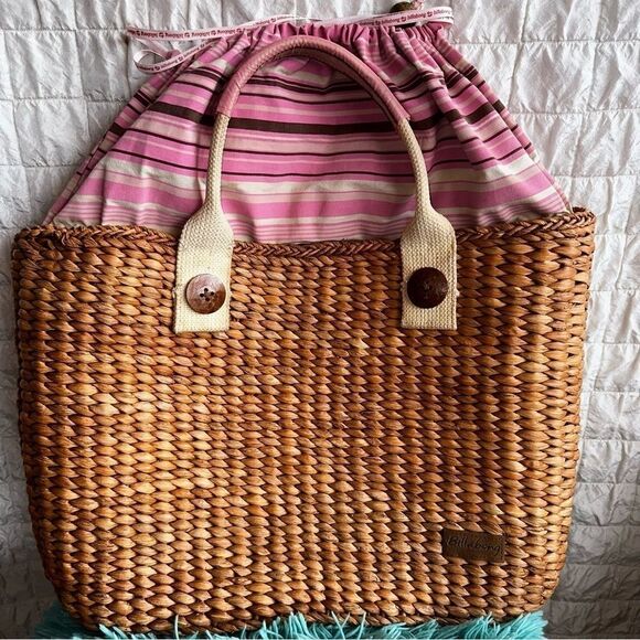 Billabong PINK STRIPE LARGE STRAW DRAWSTRING TOTE BAG WITH CANVAS HANDLES - Picture 1 of 9